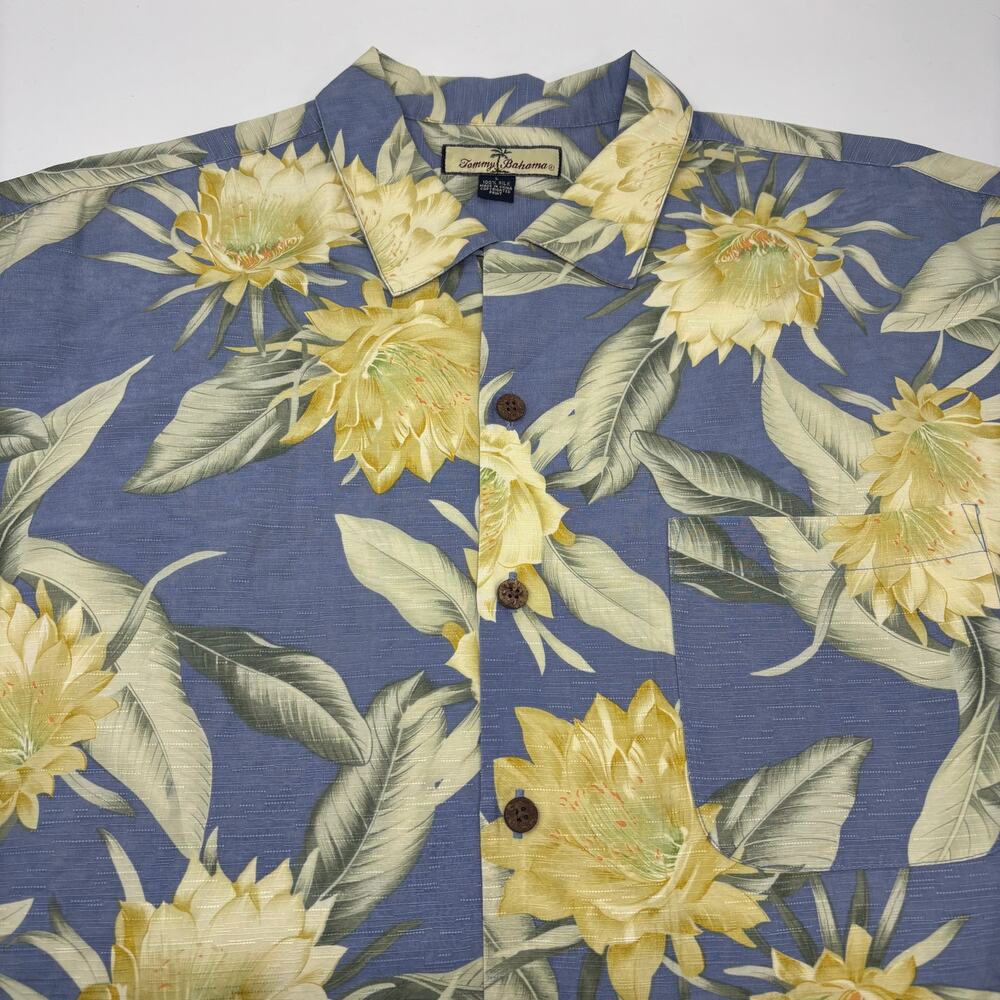 Tommy Bahama Large Blue Yellow Floral Pattern Hawaiian Silk Short Sleeve Shirt